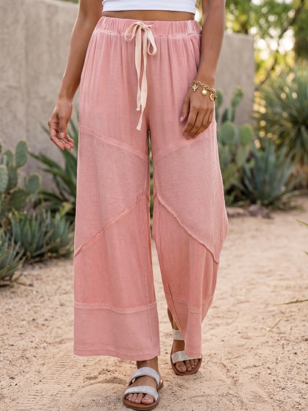 POL Pink Cropped Wide Leg Summer Pants | Casual Pull On Palazzo - Picture 2 of 7